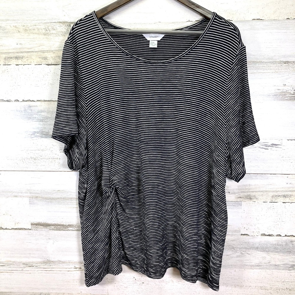 CJ Banks Womens Black & White Striped Twist Knot Short Slv T Shirt Size 3X